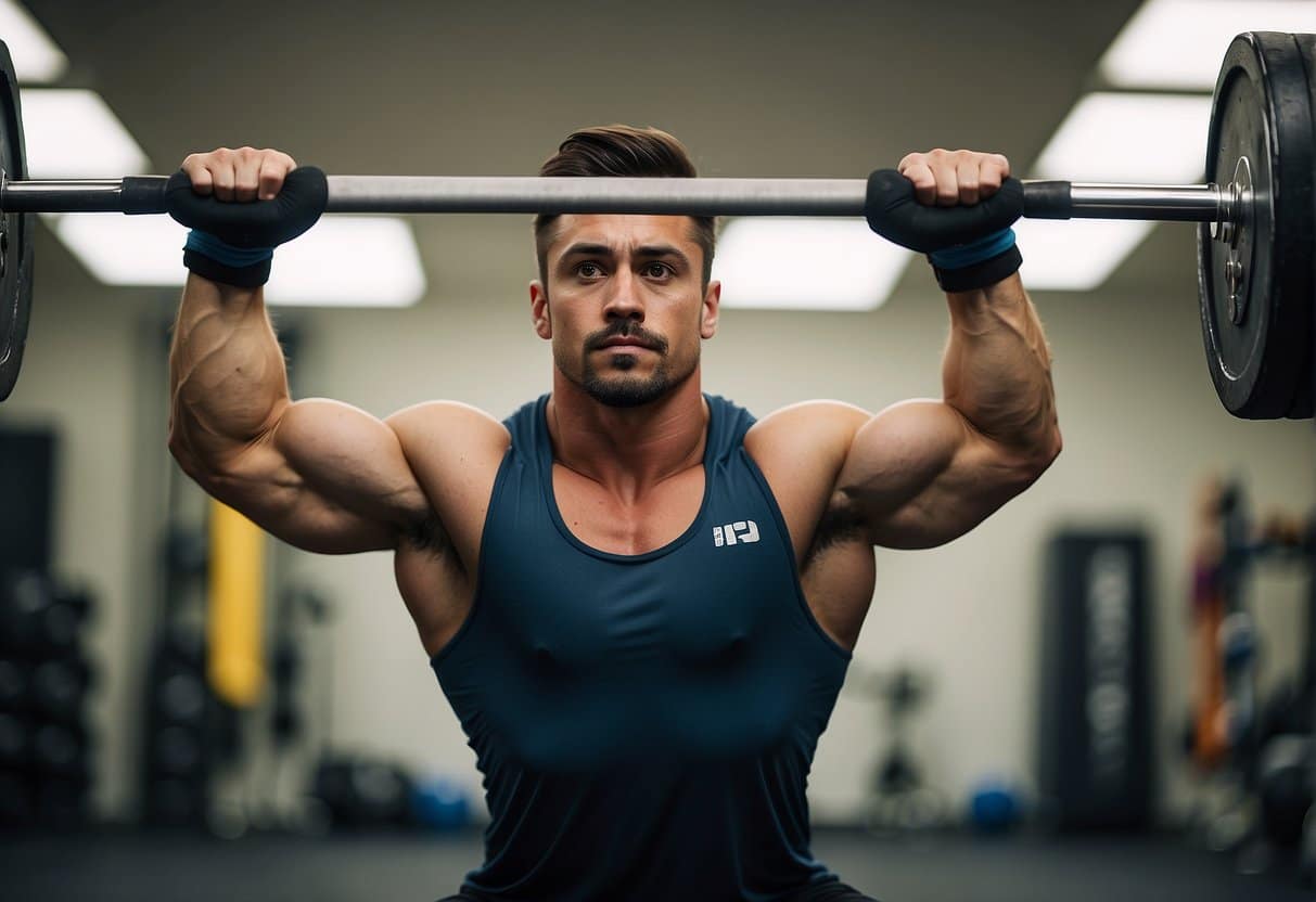 A weightlifter performing resistance training with proper form and technique, using free weights or resistance bands. The focus is on controlled movements and muscle engagement
