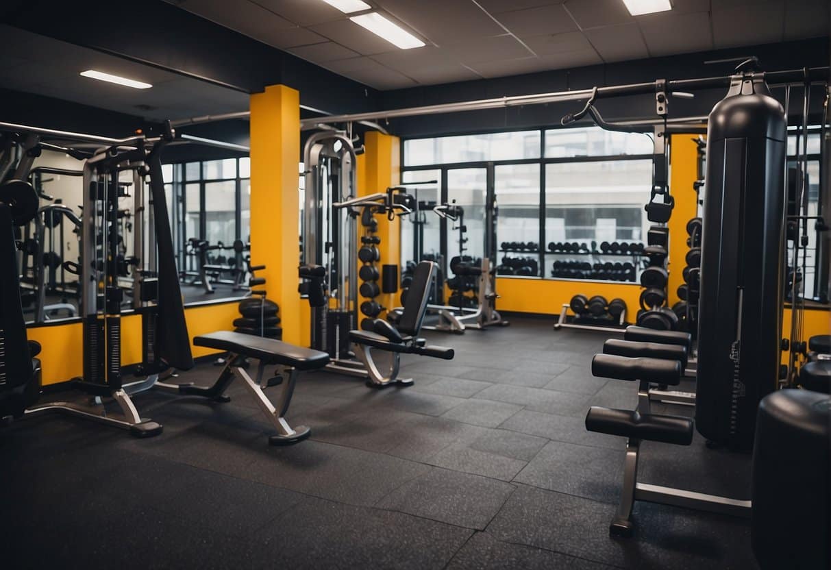 A gym with various resistance training equipment arranged for targeting major muscle groups