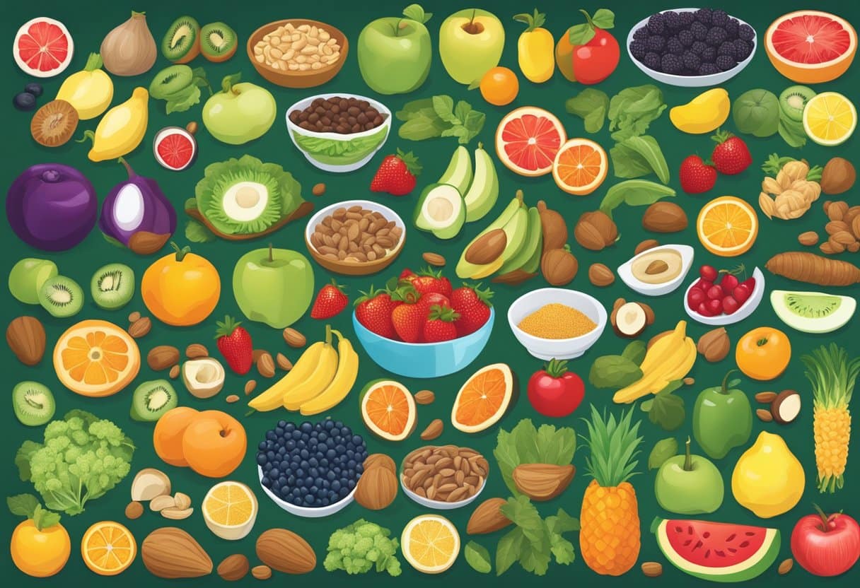A vibrant array of 50 super healthy foods, including fruits, vegetables, nuts, and grains, are displayed in a colorful and inviting manner