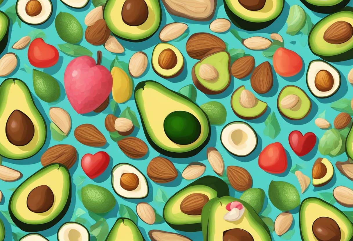 A colorful array of avocados, nuts, and fish on a vibrant background, with a heart symbolizing heart health