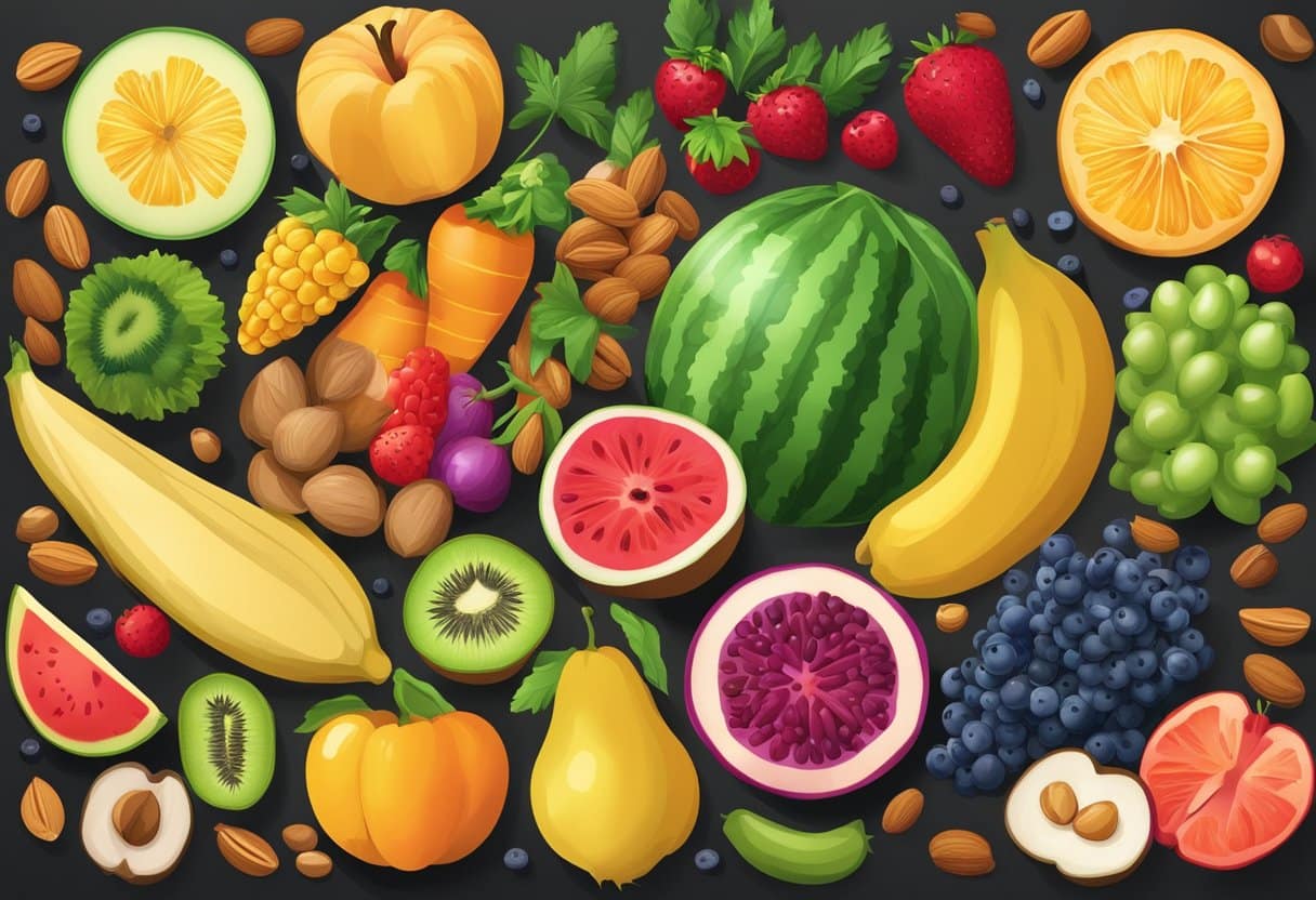 A vibrant array of colorful fruits, vegetables, nuts, seeds, and grains arranged in a visually appealing display, showcasing the top superfoods for a healthy diet