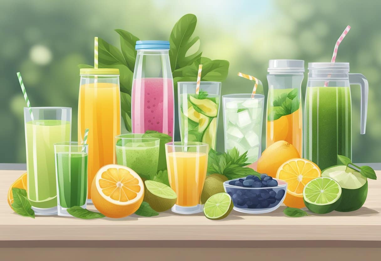 Various healthy drink options displayed on a table, including fruit-infused water, herbal tea, green smoothie, coconut water, and vegetable juice