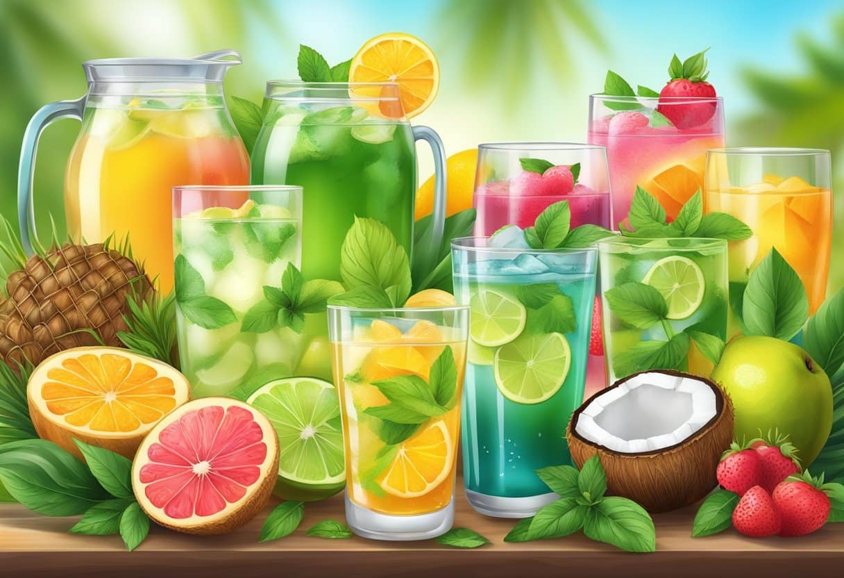 A table with a variety of colorful, refreshing drinks, such as herbal teas, coconut water, and fruit-infused water, surrounded by fresh fruits and herbs