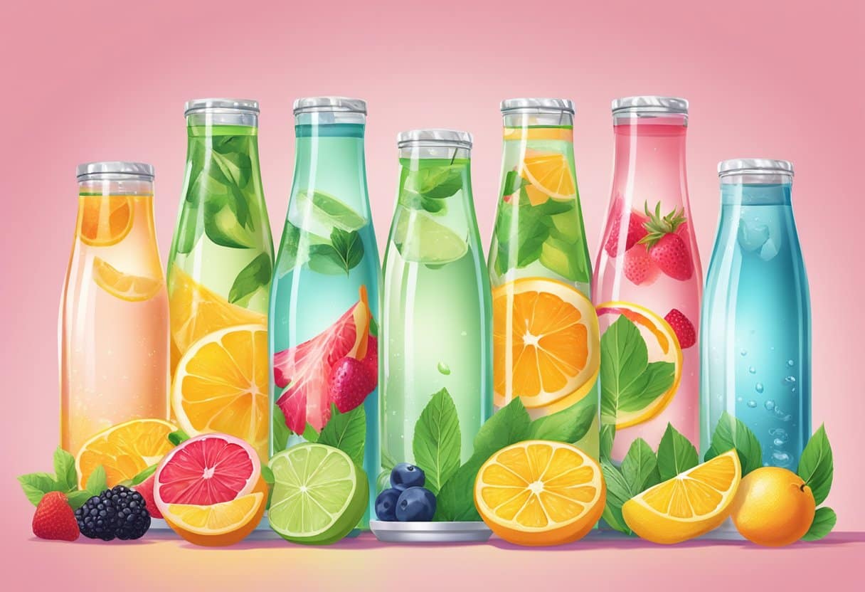 A colorful display of low-calorie drink options, including fruit-infused water, herbal teas, and sparkling water, arranged on a bright, inviting background