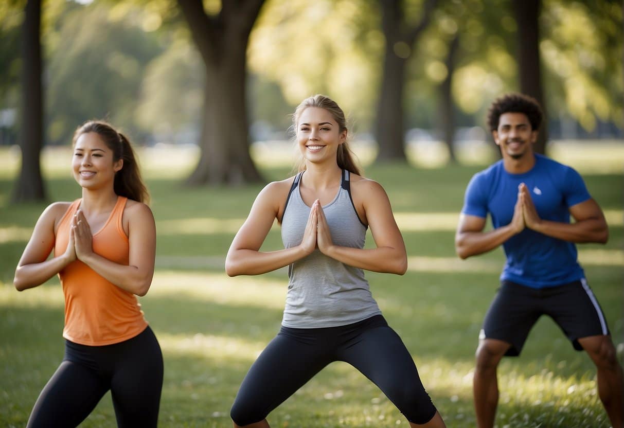 Teenagers exercising in a park, playing sports and doing yoga. Smiling and energetic, enjoying the benefits of physical activity