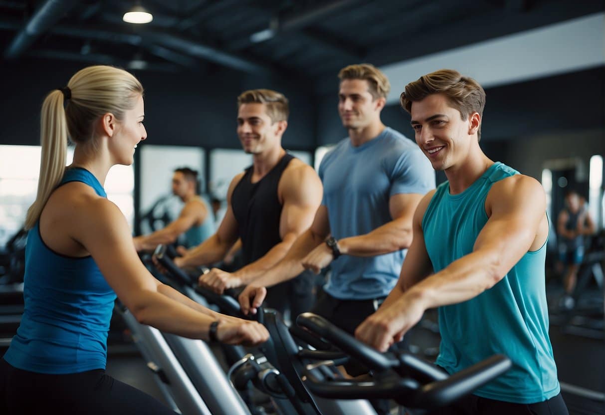 Teenagers exercising in a gym with various equipment, such as treadmills, weights, and exercise bikes. A trainer is guiding them through different workouts