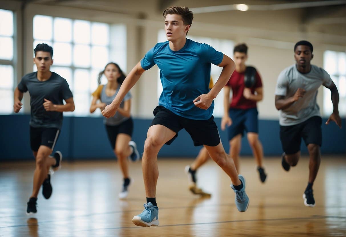 A group of teenagers engage in a variety of physical activities, including running, jumping, stretching, and lifting weights, in a well-equipped gymnasium