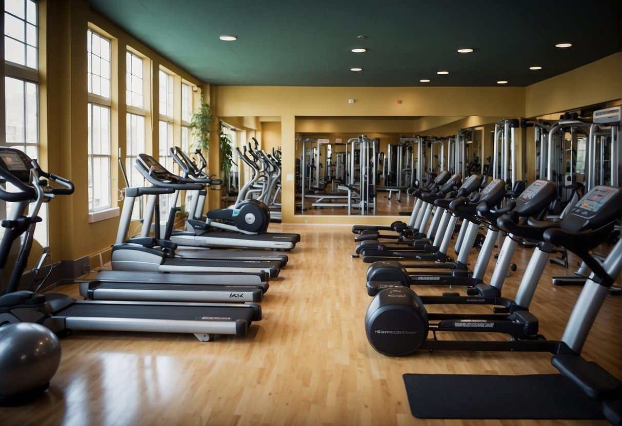 A gym filled with age-appropriate exercise equipment for teenagers, including free weights, resistance bands, and cardio machines. A trainer demonstrates proper technique for each exercise