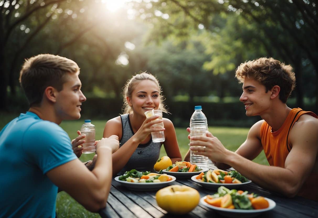 Teenagers enjoying a healthy meal and drinking water after a vigorous workout