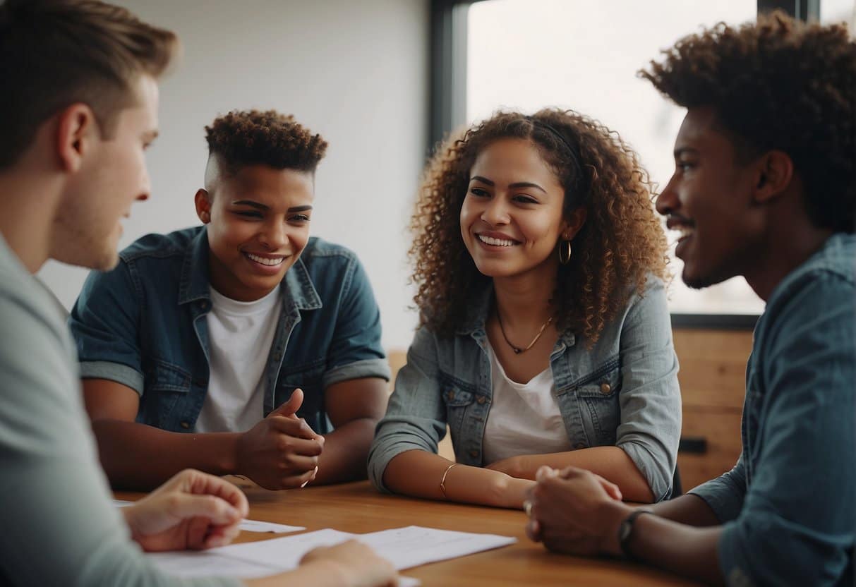A group of teenagers sit in a circle, surrounded by motivational posters and goal-setting worksheets. They are engaged in discussion, writing down their aspirations and sharing their progress
