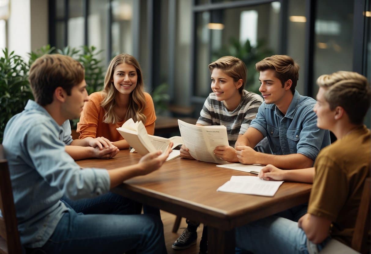 A group of teenagers gathered around a table, discussing and asking questions while holding a booklet titled "Frequently Asked Questions Exercise for Teenagers: A Complete Guide."