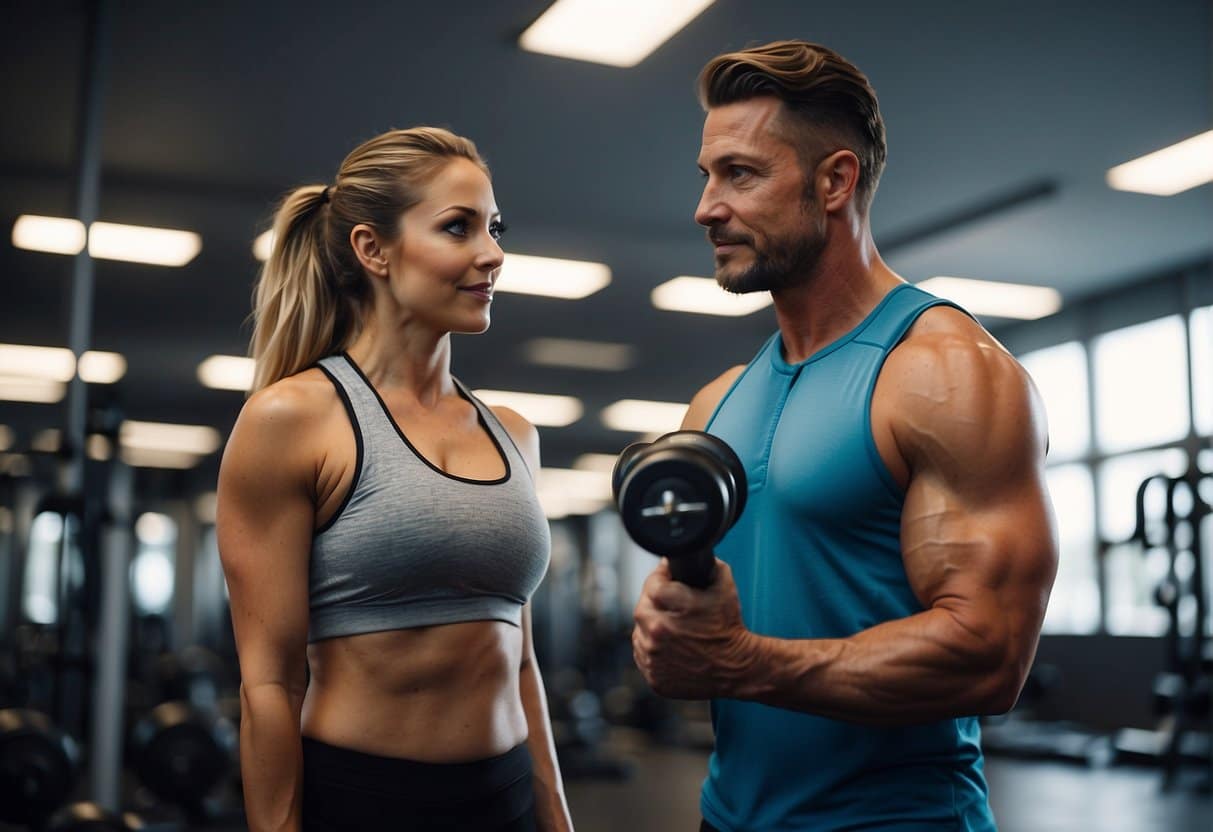 A man and woman stand facing each other, exercising with dumbbells in a bright, spacious gym. A personal trainer observes and encourages them