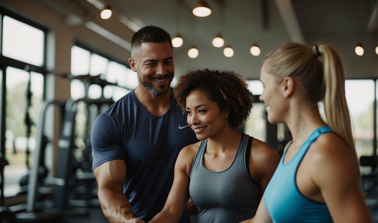 A personal trainer guides a couple through a workout, offering support and motivation. They demonstrate exercises and provide feedback on form