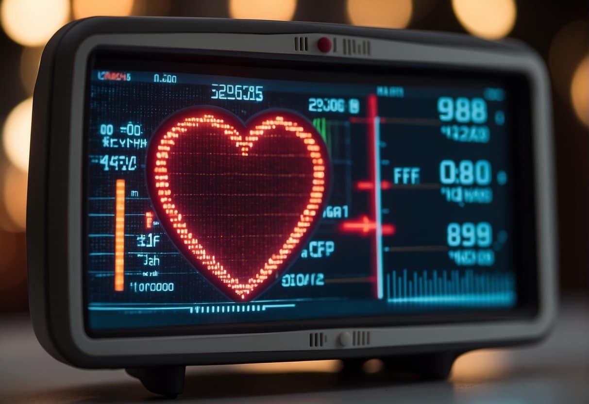 A heart rate monitor flashes red, beeping rapidly. A warning sign displays "Dangerous Heart Rate" in bold letters