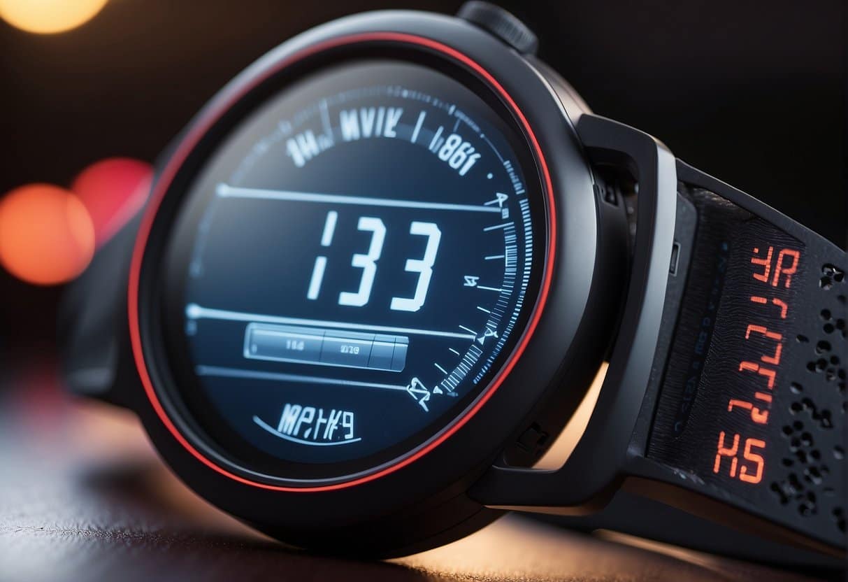 A heart rate monitor displays a high heart rate reading, with a red warning symbol flashing on the screen