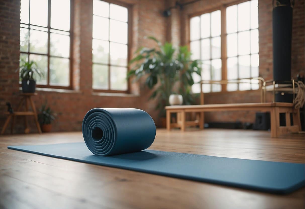 A serene studio with mats and props, showcasing the balance and strength of Pilates and the fluidity and mindfulness of Yoga