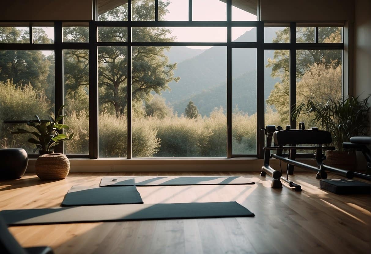 A serene studio with Pilates and yoga equipment, a backdrop of nature, and a runner's silhouette in the distance