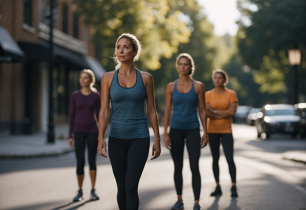 A runner stands at a crossroads, pondering between Pilates and Yoga classes. Two instructors wait on either side, each representing a different discipline