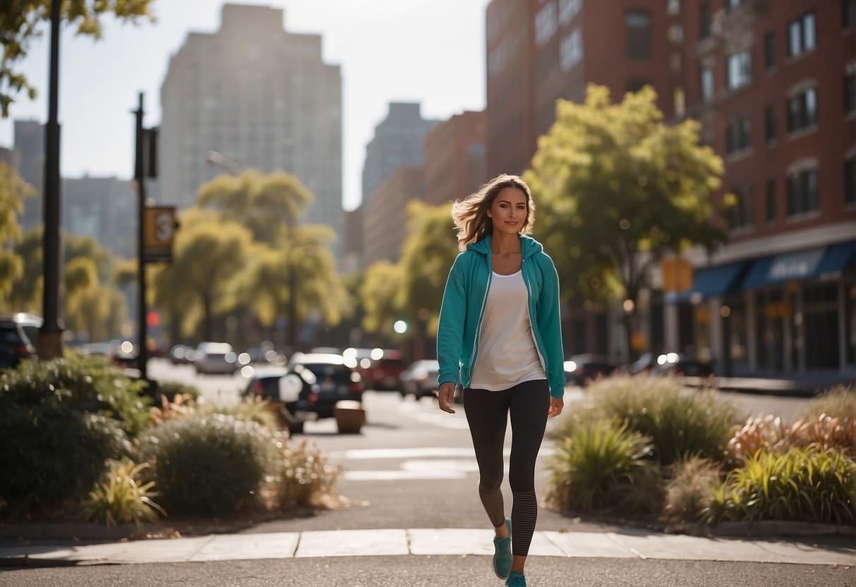 A runner stands at a crossroads, one path leading to a Pilates studio and the other to a yoga studio. Both places are bustling with activity, showcasing the benefits of each practice