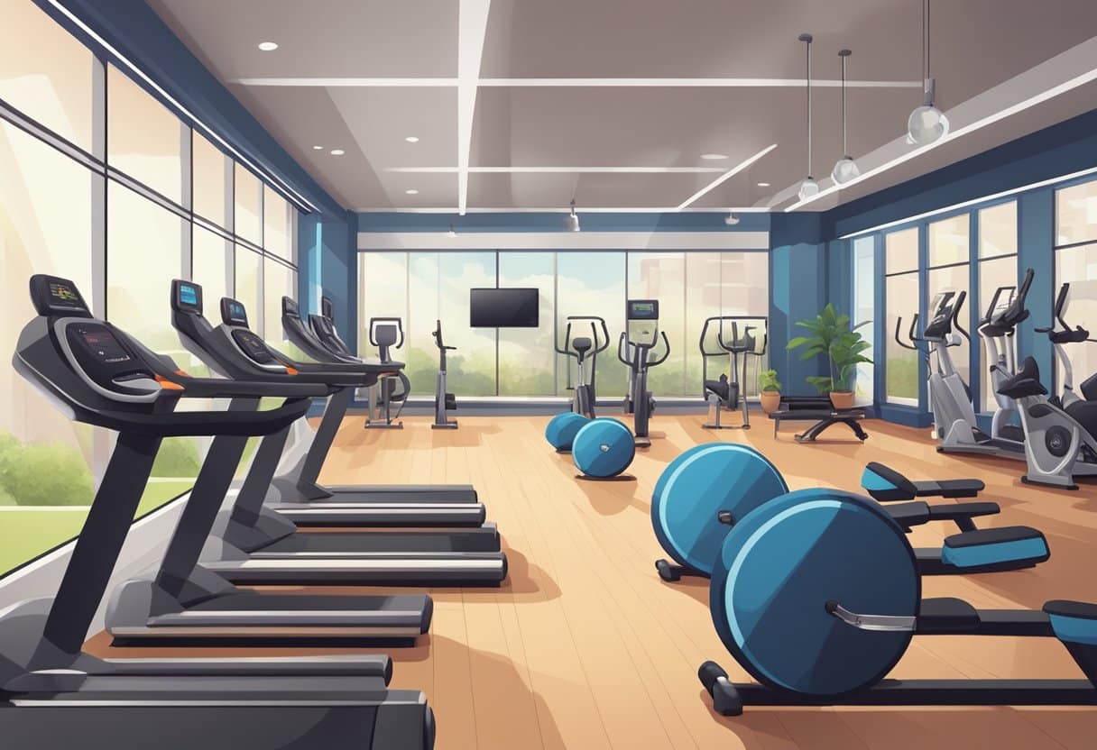 A gym with various price options and amenities, such as cardio machines, weightlifting equipment, and group fitness classes. The atmosphere is clean and inviting, with bright lighting and motivational posters on the walls
