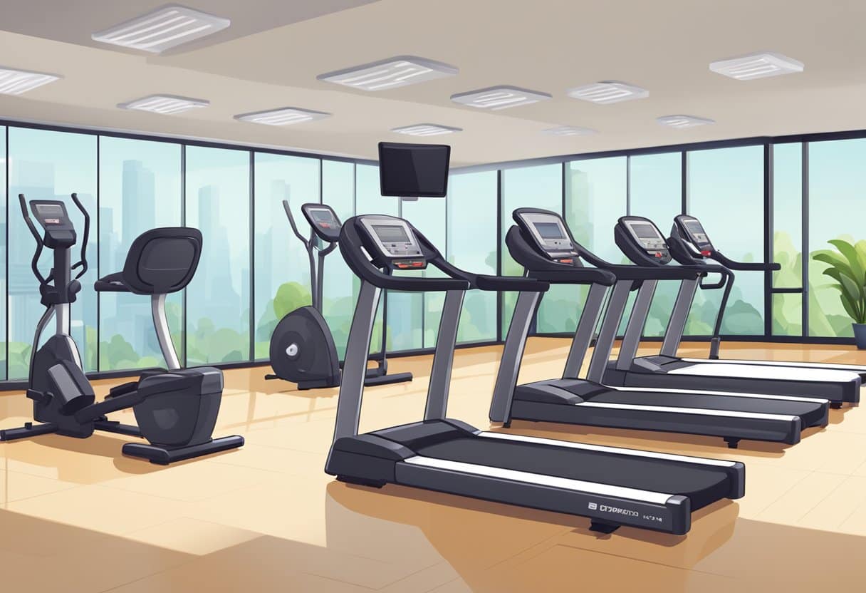 A diverse group of gym equipment, including treadmills, weights, and exercise machines, are arranged in a spacious, well-lit gym. A price list and information about amenities are prominently displayed at the front desk