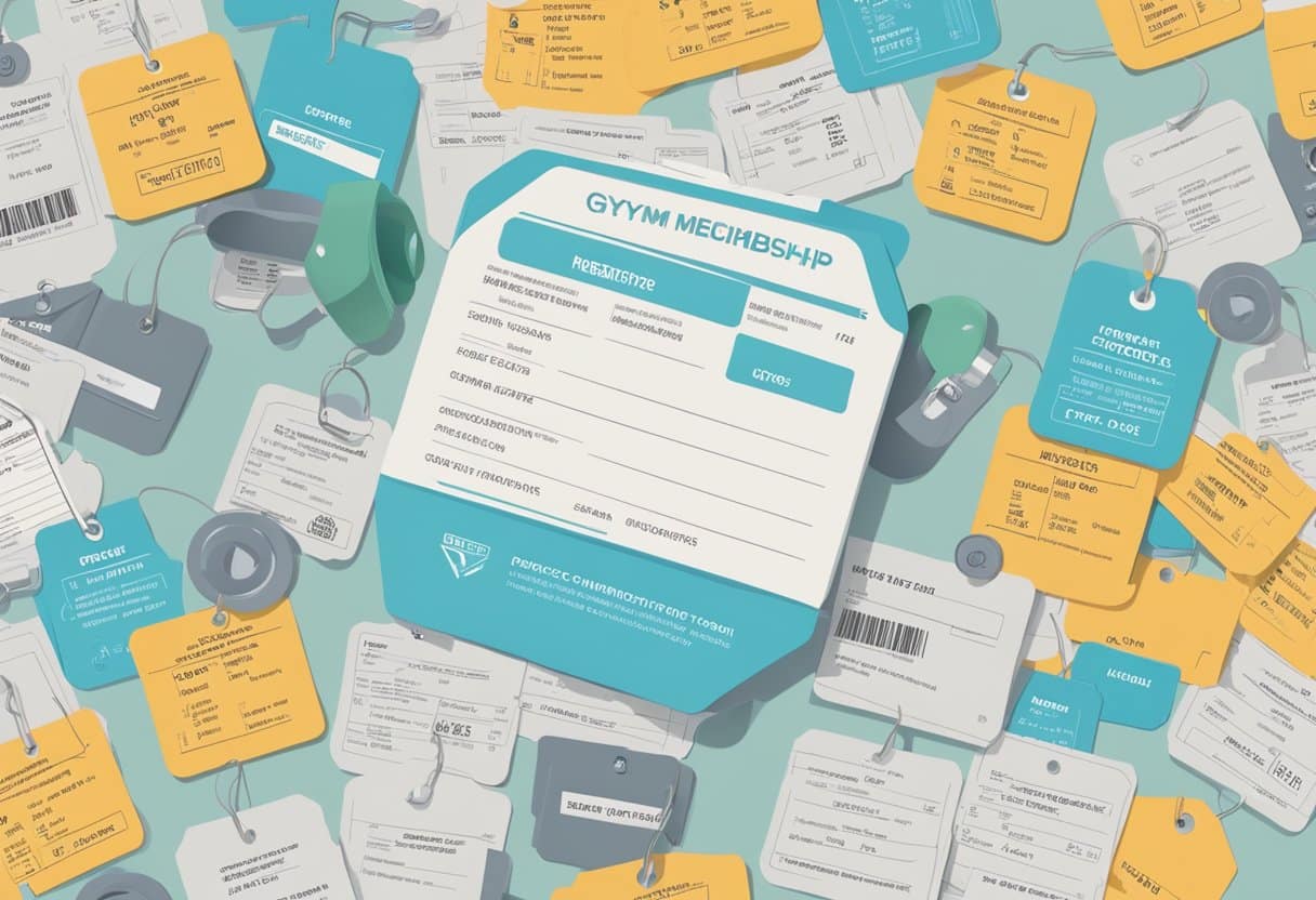 A gym membership card surrounded by various price tags and a list of factors to consider, such as location, amenities, and contract terms