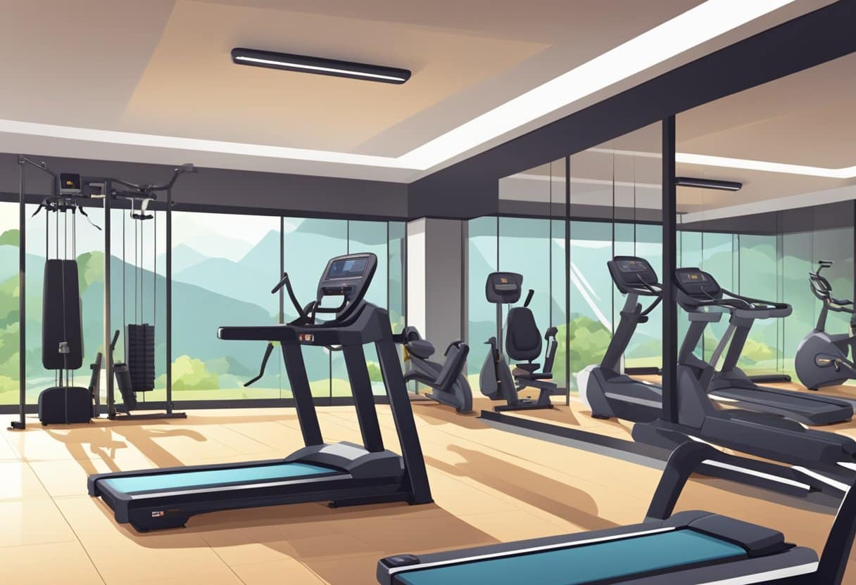 The gym is spacious, with modern equipment neatly arranged. Bright lighting and clean facilities create an inviting atmosphere. A price list and membership options are prominently displayed