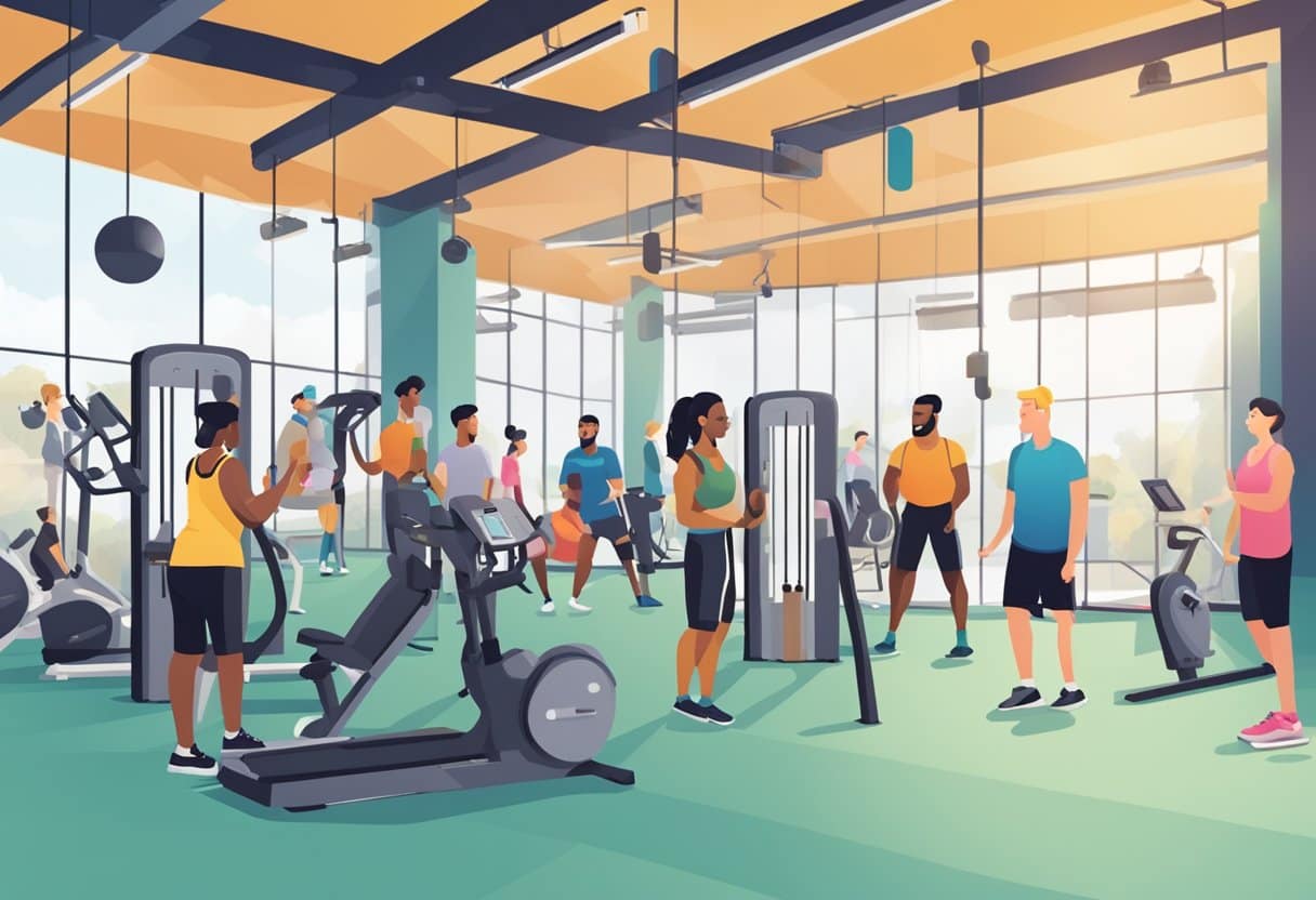 A diverse group of people chat and exercise in a gym, with various equipment and amenities visible. Signs display membership costs and community events