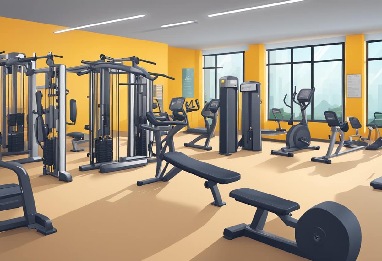 A gym with a price list and customer reviews displayed. Various factors such as equipment, cleanliness, and atmosphere are highlighted