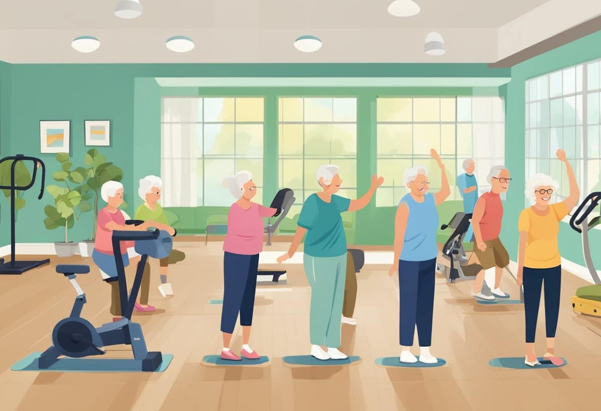 A group of seniors engage in gentle exercise and socialize in a bright, spacious common area. A variety of fitness equipment and wellness resources are easily accessible