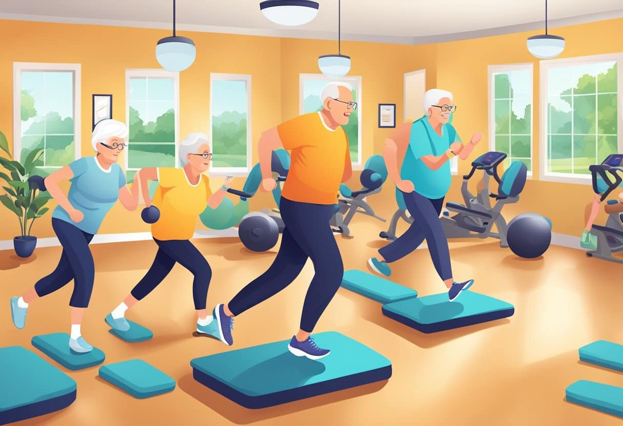A group of seniors engage in various fitness activities in a vibrant, well-equipped senior living facility, with a focus on wellness and healthy living