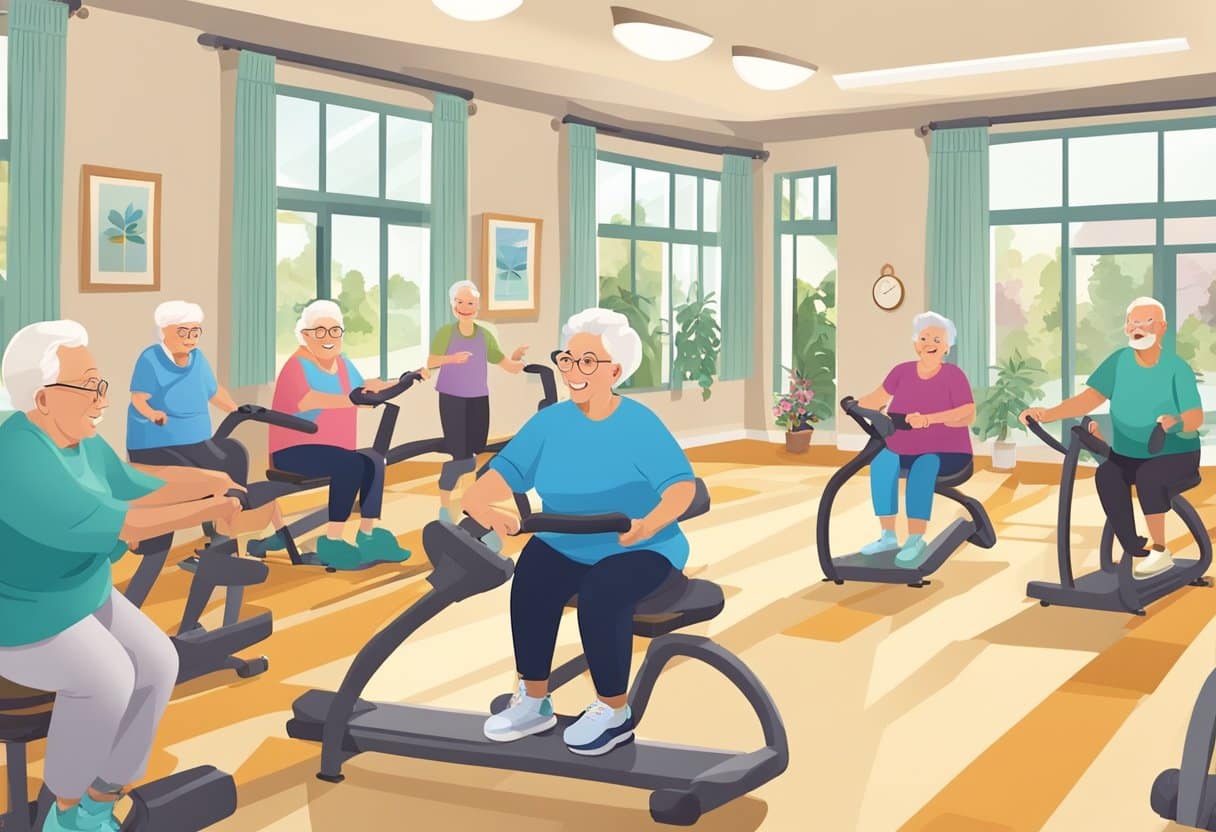A group of seniors engage in various fitness activities in a bright and spacious common area of the senior living home, with exercise equipment and cheerful decor