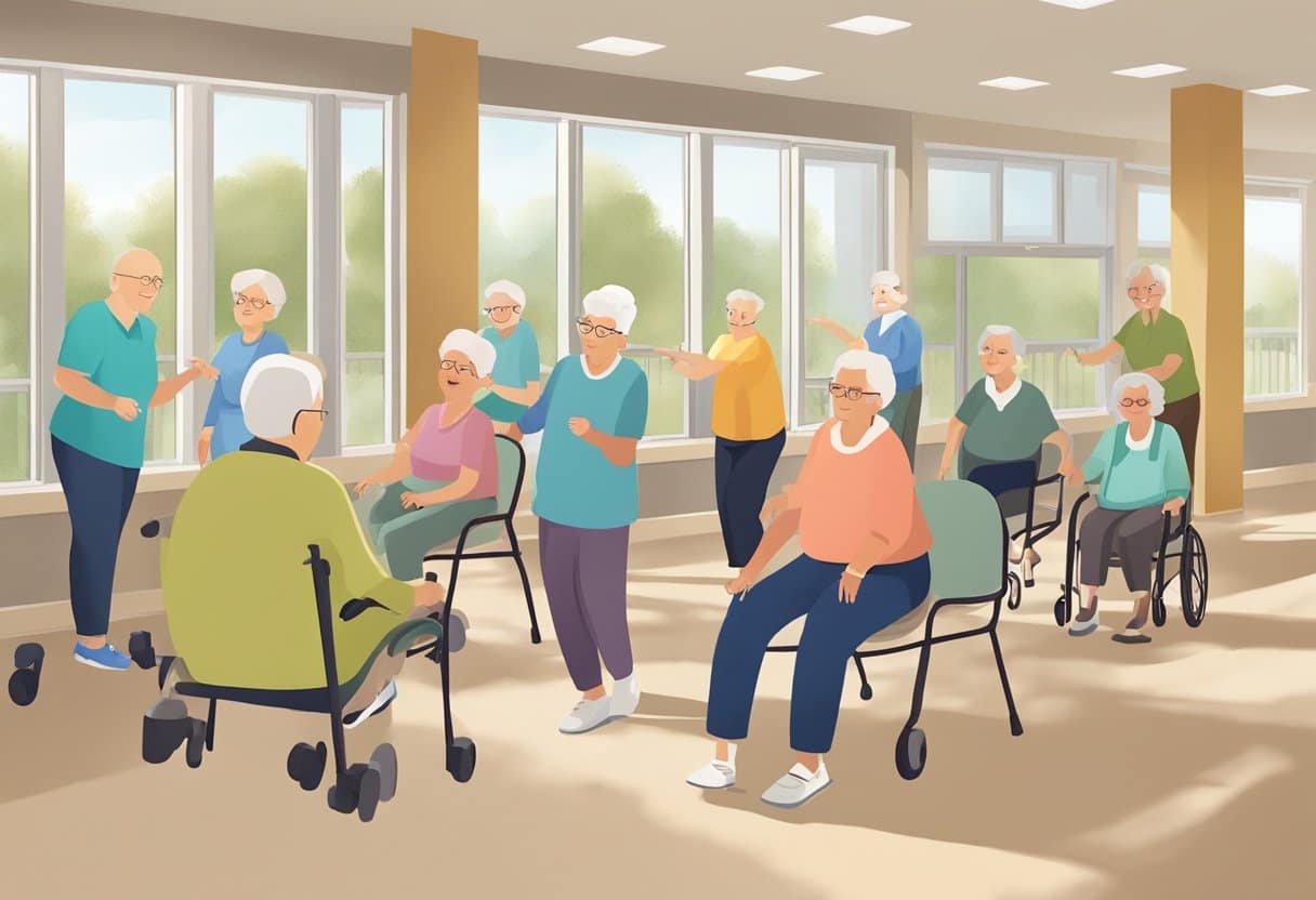 A group of elderly residents engage in light exercise and socialize in a bright, spacious common area. A staff member offers guidance and support, creating a warm and welcoming atmosphere