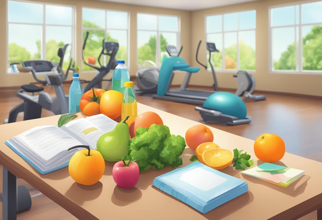 A table with fresh fruits, vegetables, and water bottles, surrounded by exercise equipment and wellness pamphlets in a bright, inviting common area