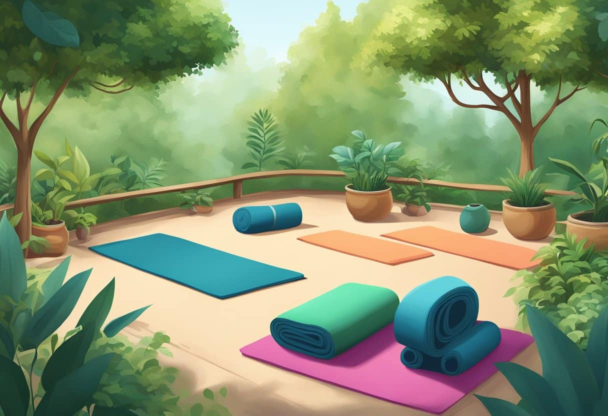 A serene garden with yoga mats and meditation cushions, surrounded by lush greenery and calming sounds of nature