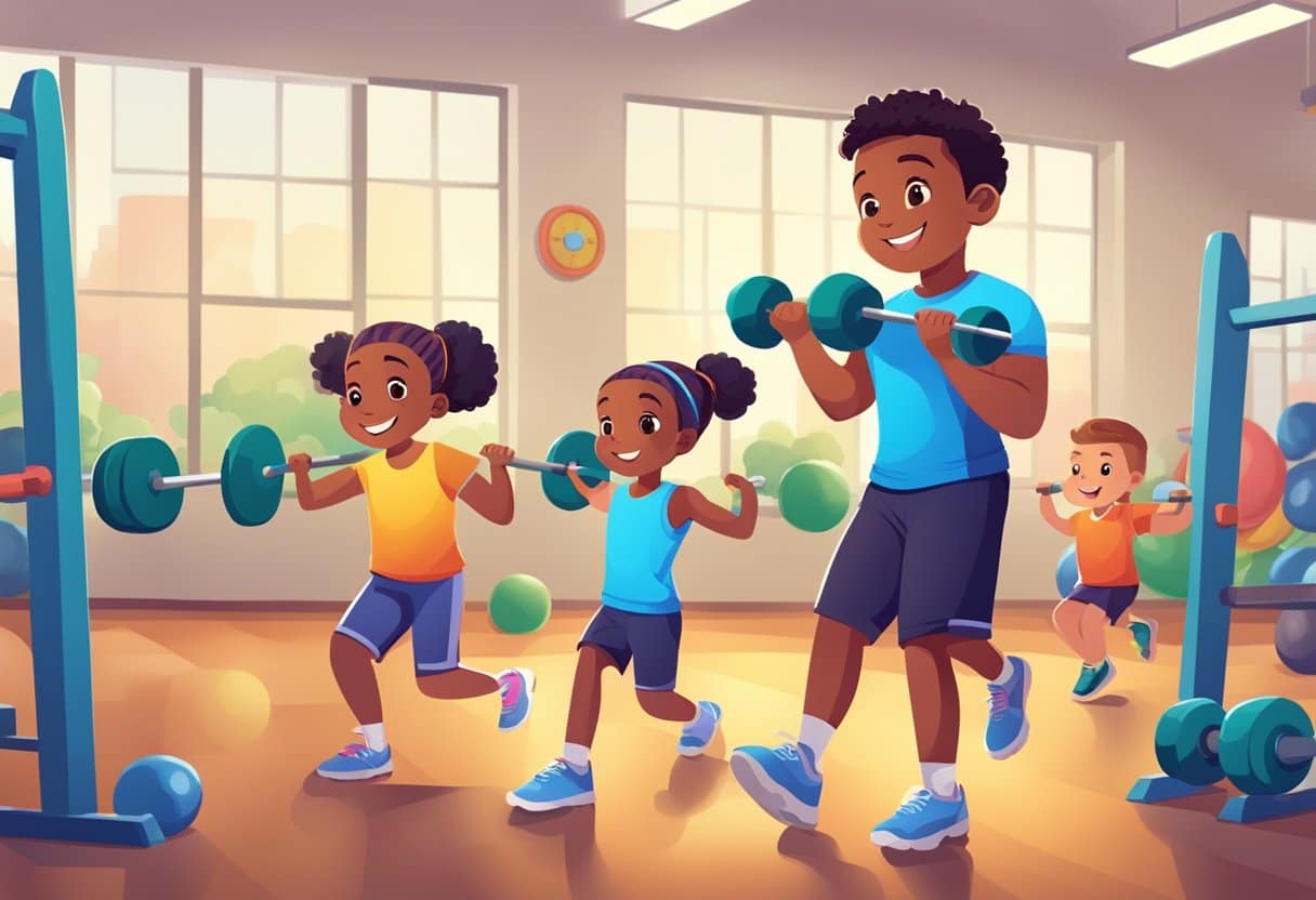 Children lifting light weights in a supervised gym setting, with colorful equipment and cheerful atmosphere