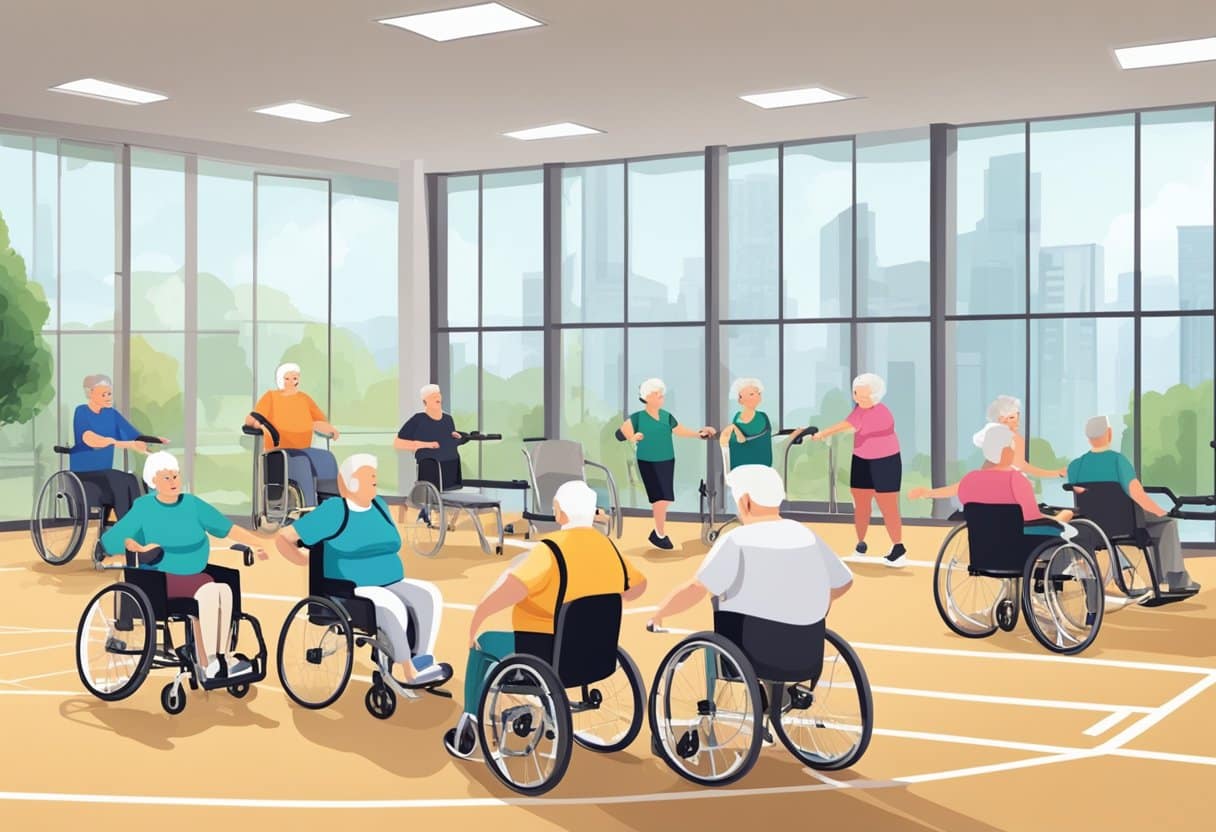 A group of seniors engage in fitness activities in a wheelchair-accessible gym, surrounded by wide walkways and ramps for easy mobility