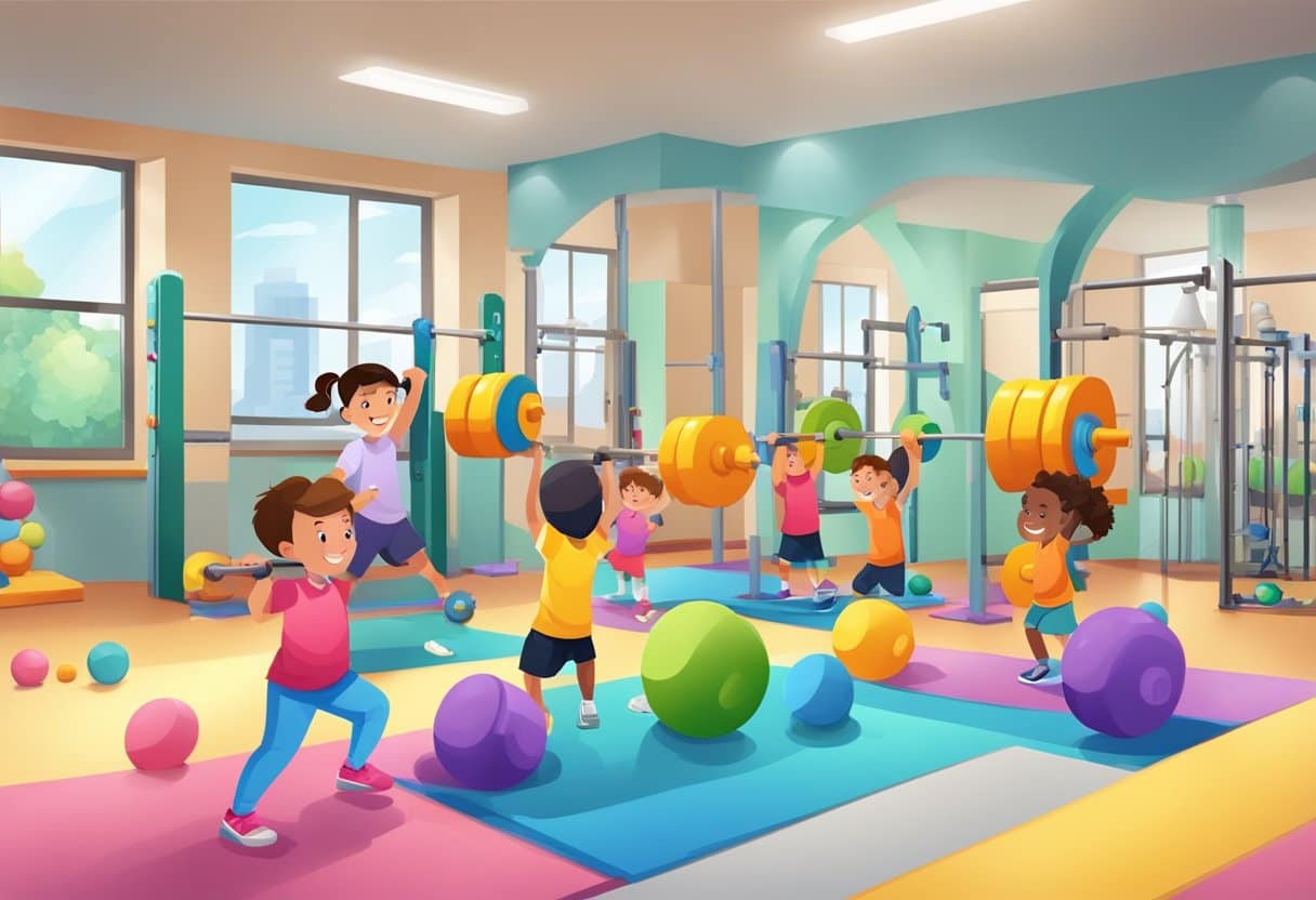 Children lifting light weights in a supervised gym setting, with colorful equipment and fun, engaging exercises