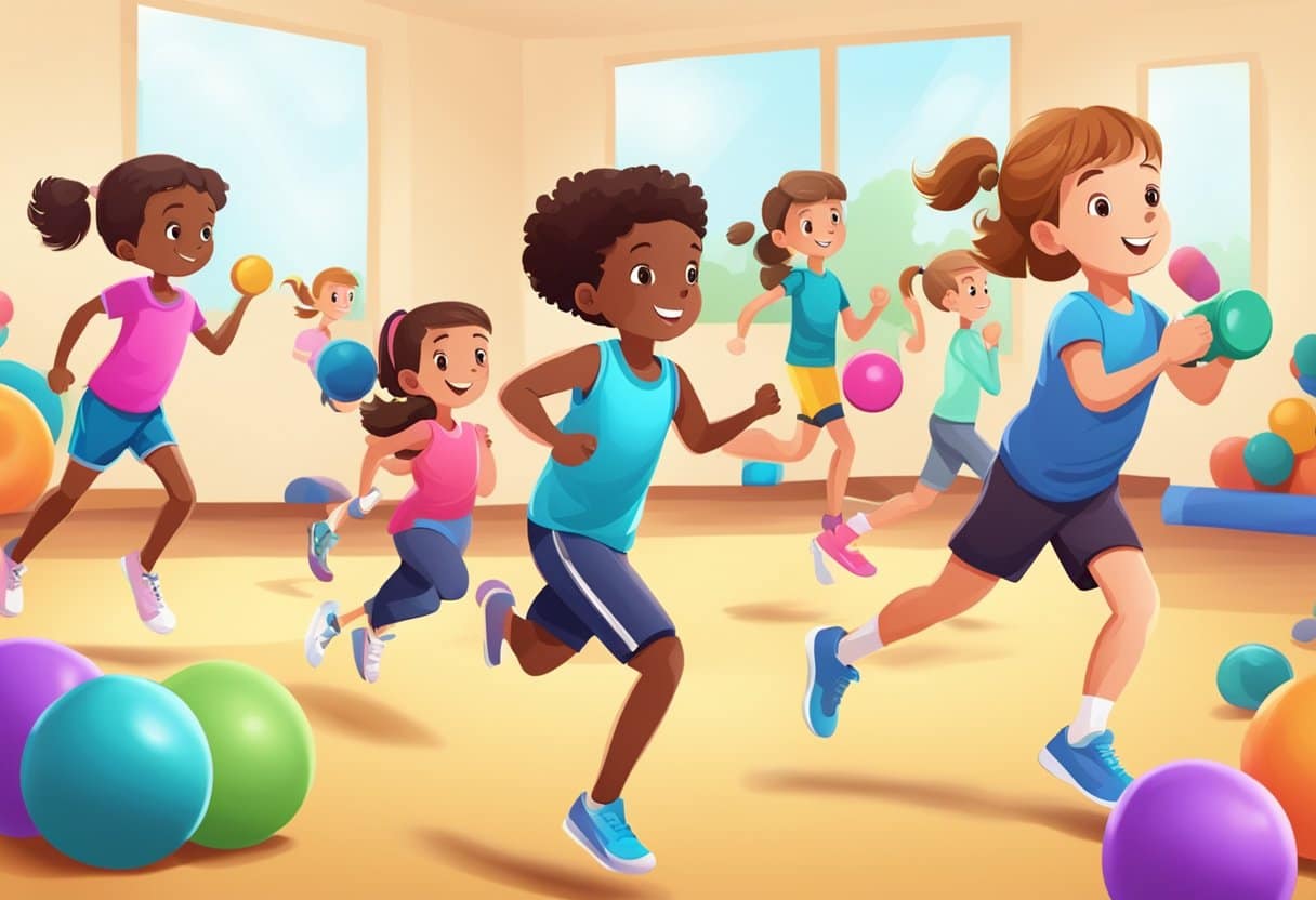 Children engaged in various physical activities such as running, jumping, and stretching, with colorful weights and exercise equipment in the background