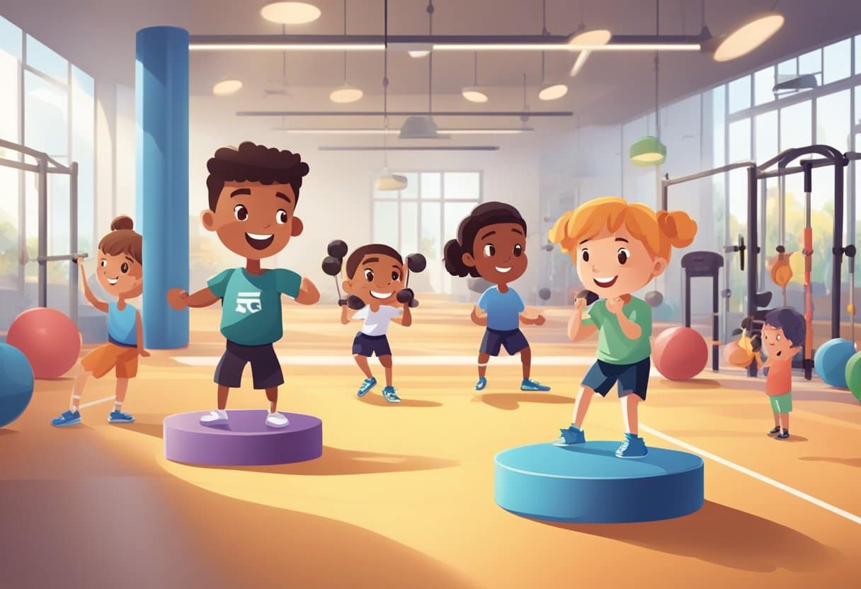 A group of kids perform weight-training exercises under the supervision of a coach in a well-lit and spacious gymnasium