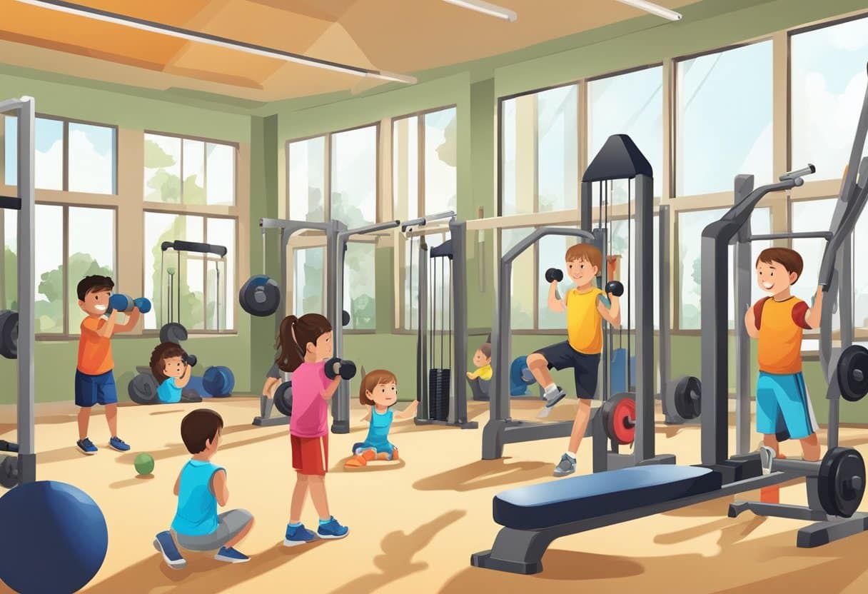 Children performing various strength training exercises with proper form and technique in a well-equipped gym setting