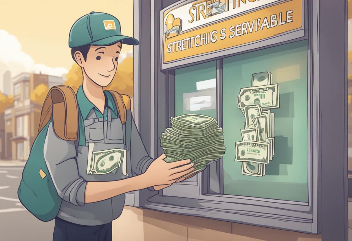 A person holding money, looking at a sign that says "Stretching Services Available."