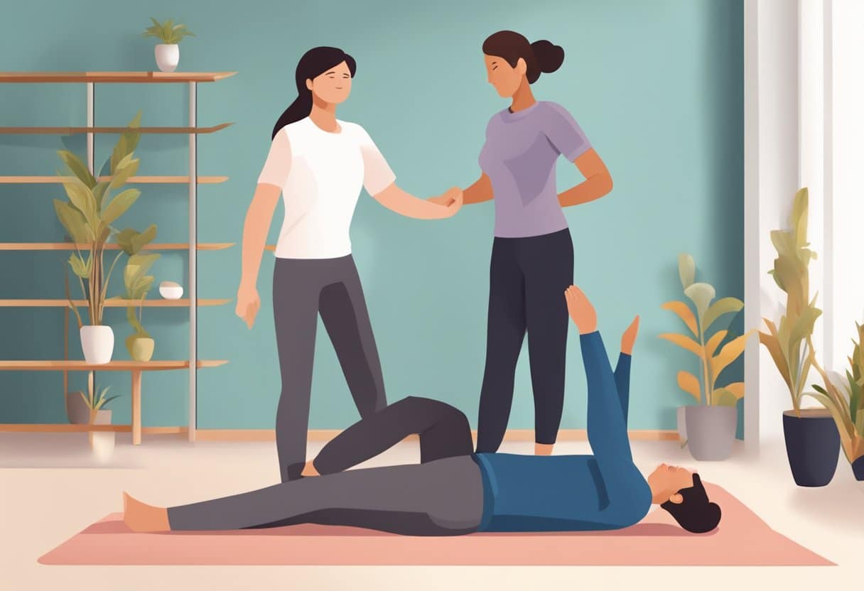 A person stretching with assistance from a professional. The professional is guiding the person through various stretching exercises, emphasizing the importance of proper technique and form