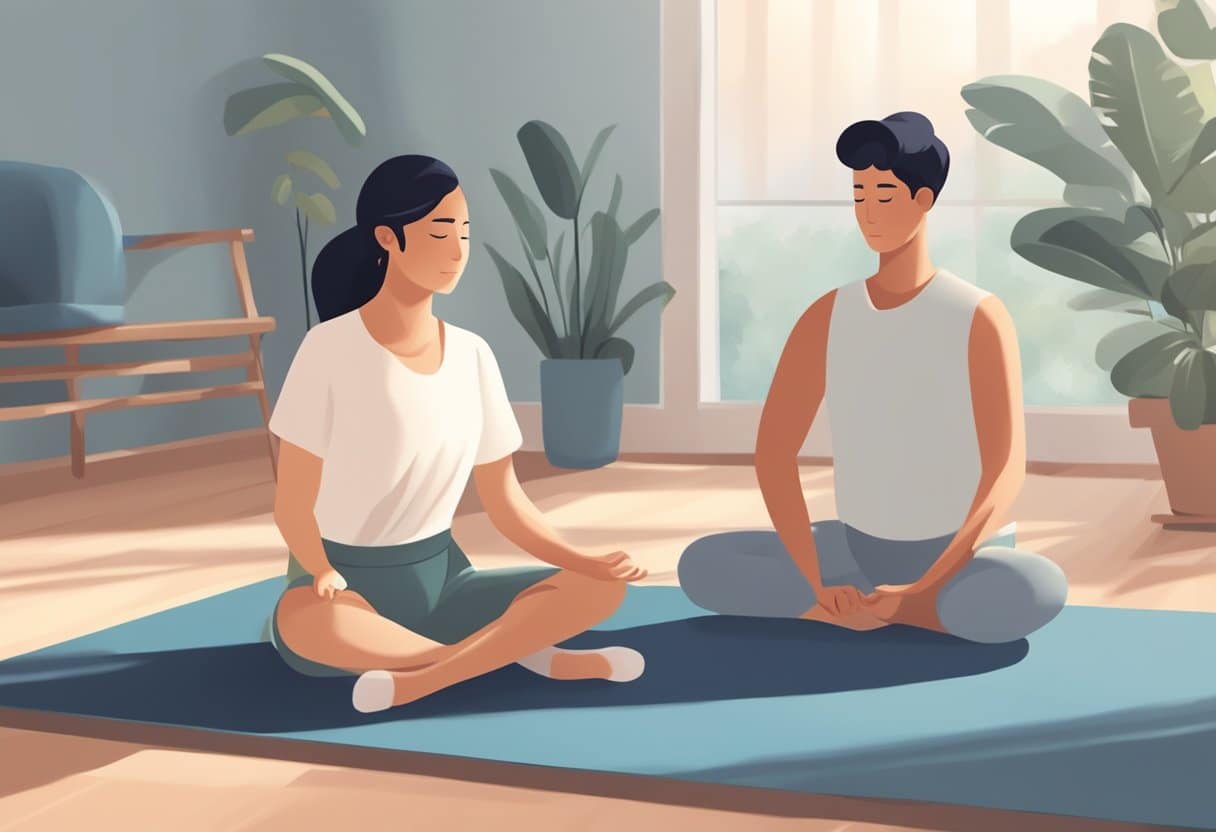 A person sits on a mat, while another person gently assists in stretching their limbs. The atmosphere is calm and focused, with soft lighting and soothing background music
