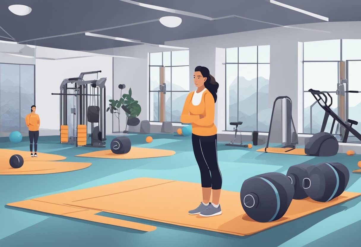 A person stands in a gym, contemplating whether to hire a stretching coach. The coach demonstrates various stretching techniques on a mat