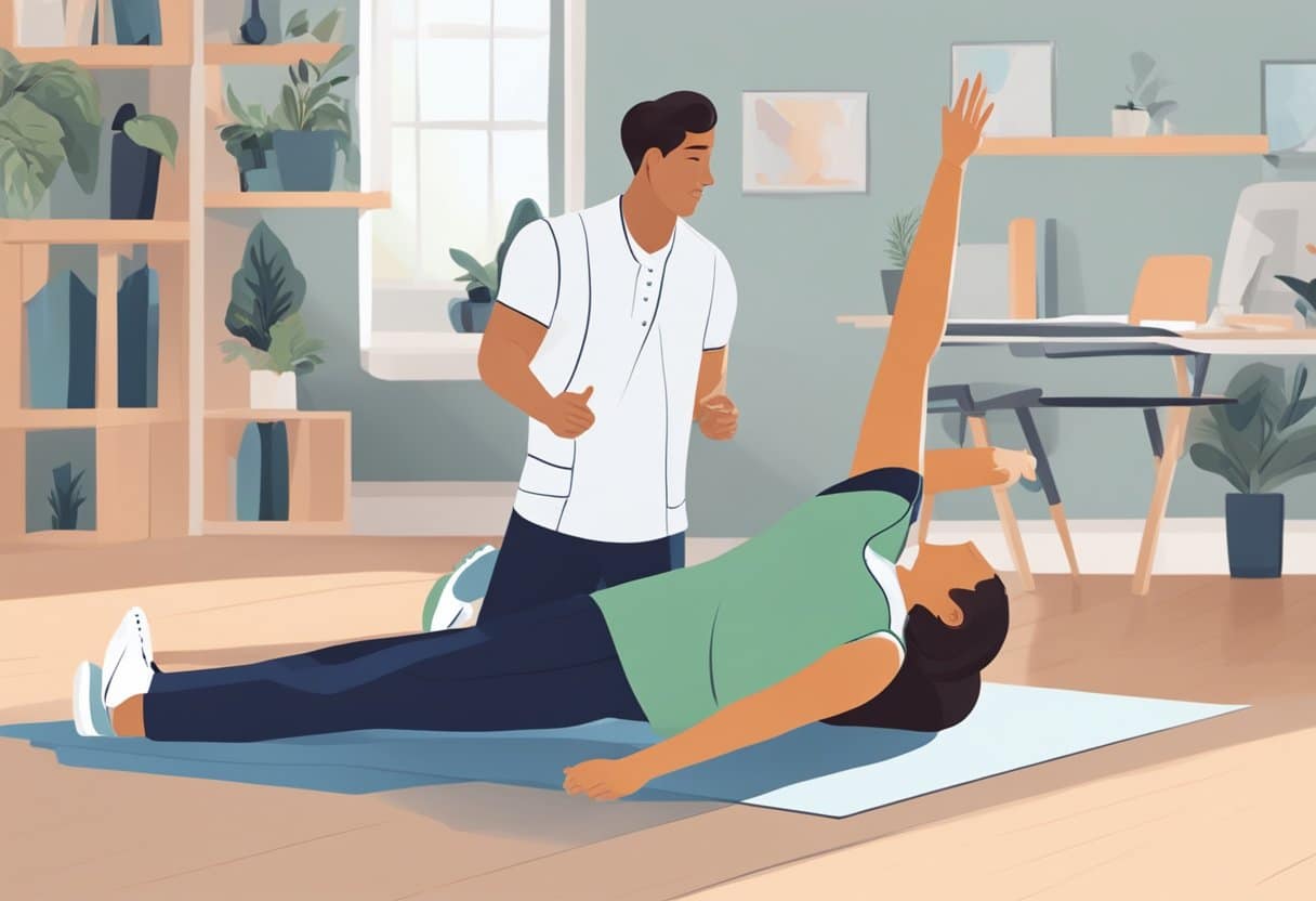 A person receiving assistance with stretching from a professional