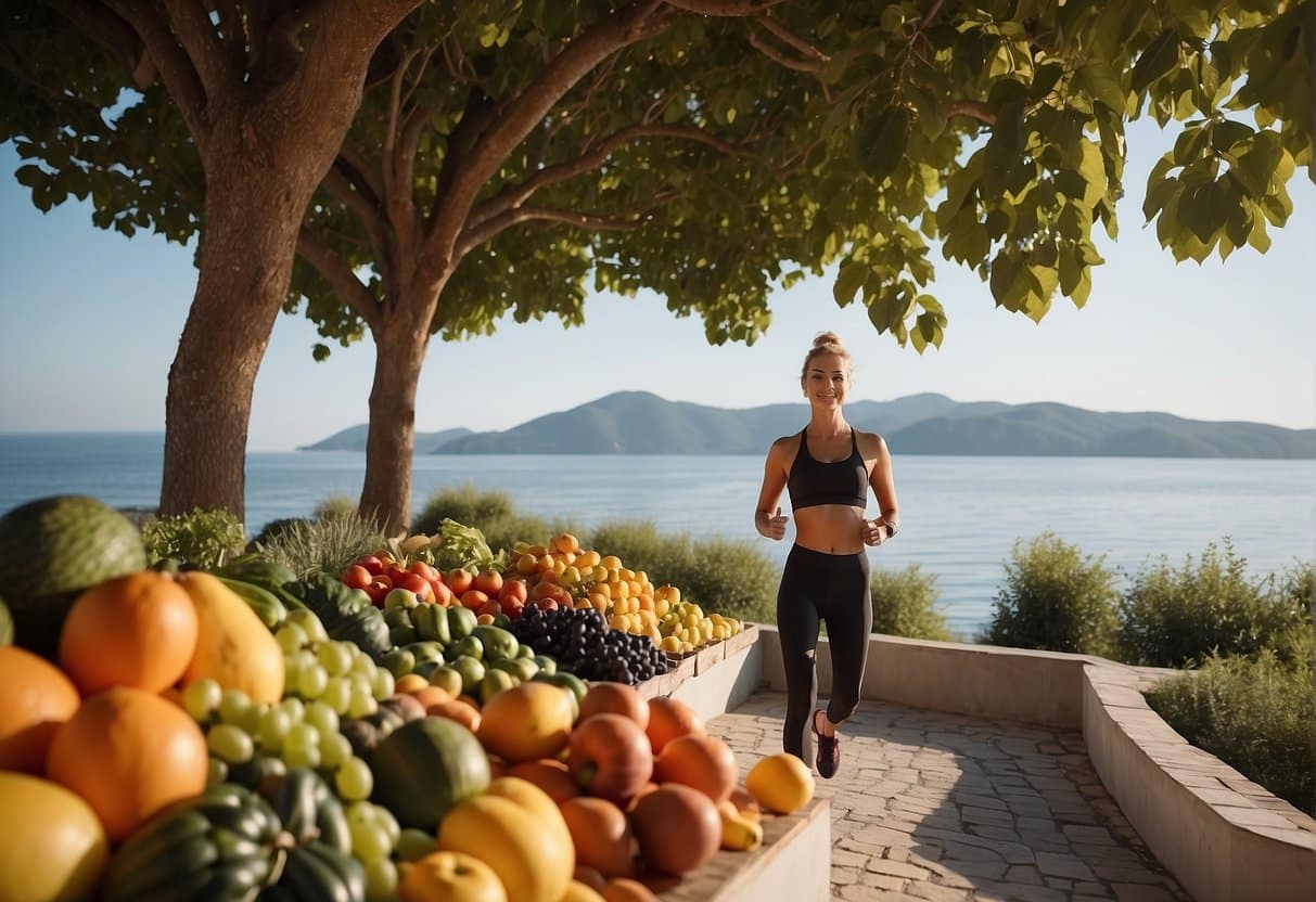 A person exercising outdoors, surrounded by fresh fruits and vegetables, with a clear sky and a calm body of water in the background