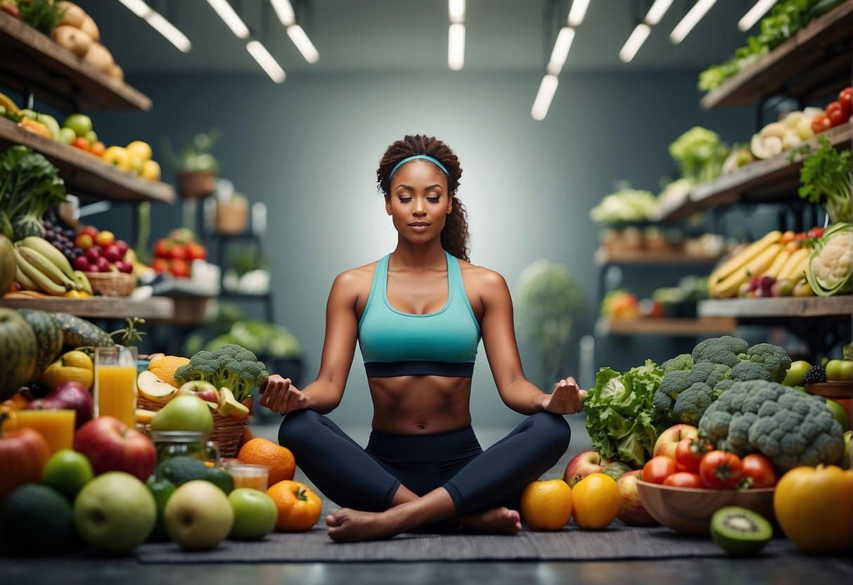 A person exercising surrounded by healthy food, with a brain and heart connected by a line, symbolizing the link between fitness, nutrition, and mental health