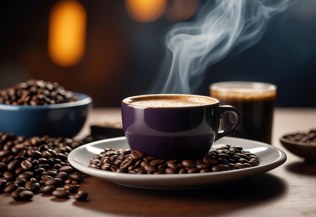 A steaming cup of coffee sits on a table next to a can of energy drink and a pile of coffee beans