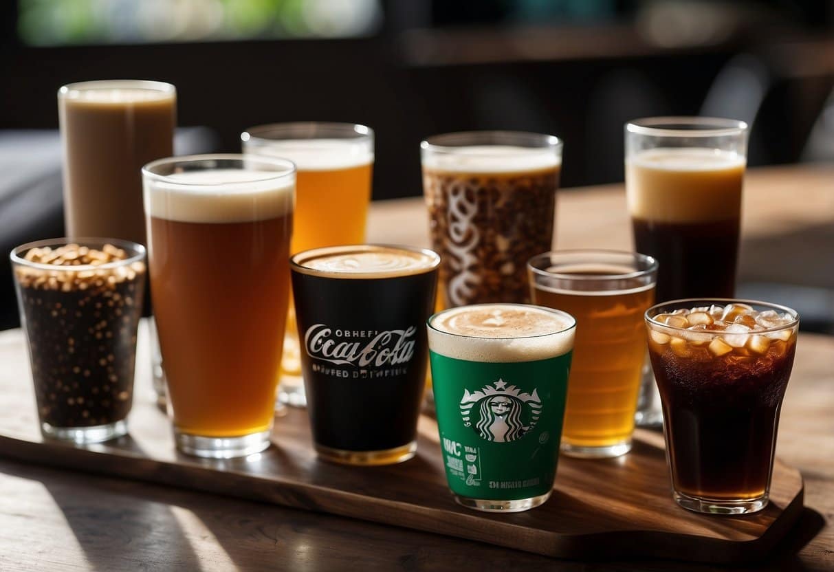 Various caffeine drinks sit on a table: coffee, tea, energy drinks, and soda. Each is in a different type of cup or can
